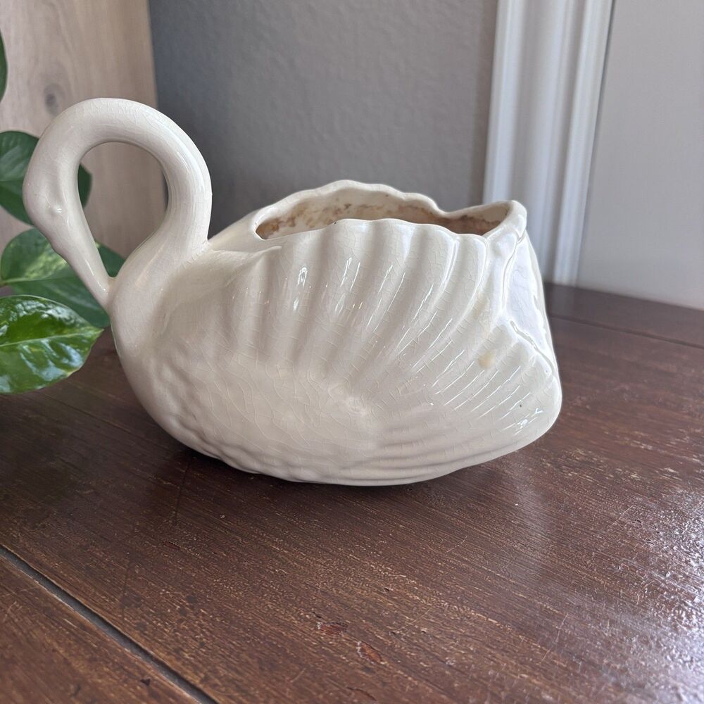 Vintage Glazed Ceramic Swan Planter 7 in. Cottagecore